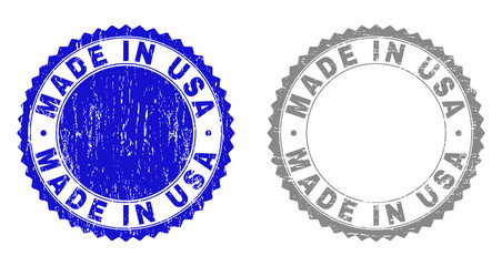 Grunge MADE IN USA stamp seals isolated on a white background. Rosette seals with grunge texture in blue and gray colors. Vector rubber stamp imprint of MADE IN USA label inside round rosette.