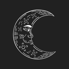 Hand drawn crescent moon in boho style. Vector bohemian ethnic tattoo. Magic scandinavian pattern. © Kirill