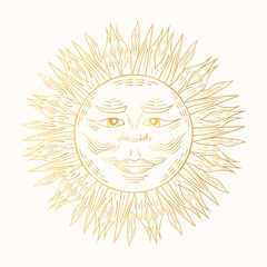 Hand drawn golden mandala sun in boho style. Vector  bohemian tattoo. Magic gold scandinavian pattern.
