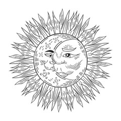 Hand drawn boho crescent moon and mandala sun in engraved style. Vector  bohemian tattoo. Magic scandinavian indian pattern.