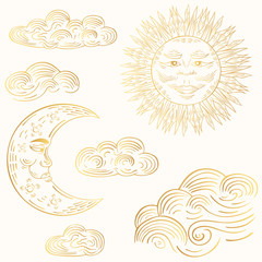 Hand drawn golden clouds, crescent moon, mandala sun in boho style. Vector  bohemian tattoo. Magic gold scandinavian pattern.
