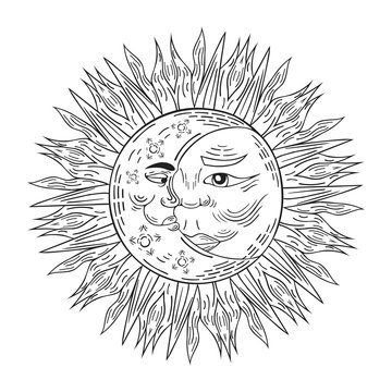 Hand drawn boho crescent moon and mandala sun in engraved style. Vector  bohemian tattoo. Magic scandinavian indian pattern.