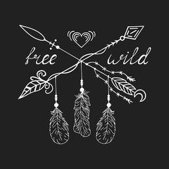Hand drawn free and wild boho tribal design tattoo with ethnic traditional arrows, heart in native indian style. Magic aztec print.