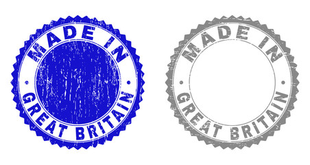 Grunge MADE IN GREAT BRITAIN stamp seals isolated on a white background. Rosette seals with grunge texture in blue and grey colors.