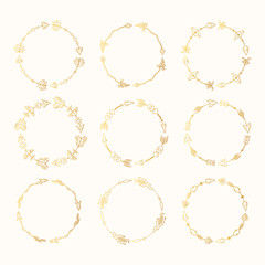 Obraz premium Set of Hand drawn golden tribal boho arrow frames. Ink aztec border. Bohemian style tattoo. Ethnic gold wreaths.