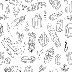 Hand drawn boho crystal, gem, feathers, floral seamless pattern in indian style. Tribal nature background. Vector isolated illustration.