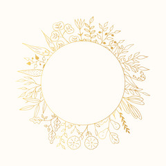 Round floral frame. Botanical garland. Vector isolated design elements. Vintage vine hand drawn wreath. Branch border.