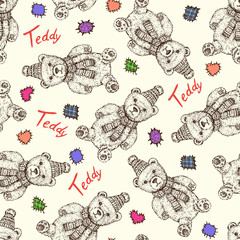 Teddy bear in winter hat and scarf with colorful patches and inscription, hand drawn doodle sketch, seamless pattern design on soft yellow background