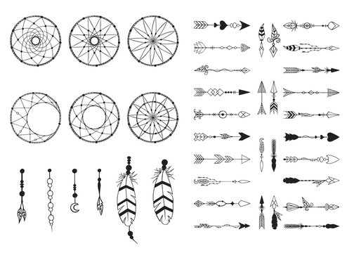 Hand drawn boho lace dream catcher creator and tribal arrows collection in traditional indian style. Navajo feathers. Magic bohemian tattoo. Aztec print.