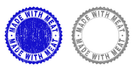 Grunge MADE WITH MEAT stamp seals isolated on a white background. Rosette seals with grunge texture in blue and grey colors. Vector rubber stamp imprint of MADE WITH MEAT text inside round rosette.
