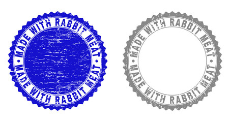 Grunge MADE WITH RABBIT MEAT stamp seals isolated on a white background. Rosette seals with grunge texture in blue and gray colors.