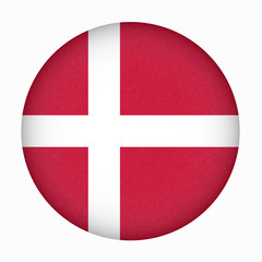 Obraz premium Flag of Denmark in circle shape, Scandinavian northern country. Isolated Danish banner with scratched texture, grunge. Flat style, vector with noise, marble textured background. Square orientation.