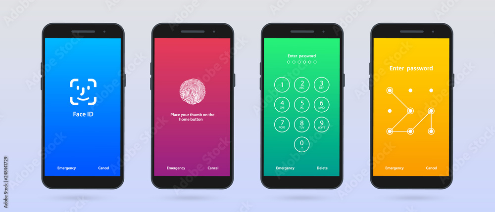 Poster Screen Lock. Set of four mobile phone screen loch Passcode interface for lock screen or enter password pages.