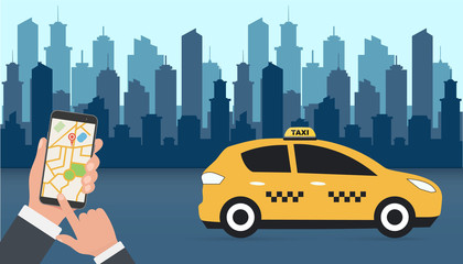 Taxi. Hand holding smart phone with taxi app on display. Urban taxi service. Mobile app for booking service. Phone with interface taxi on a screen on a background the city silhouette with skyscrapers