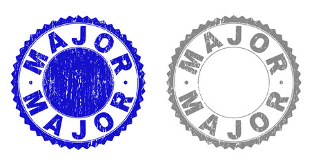 Grunge MAJOR stamps isolated on a white background. Rosette seals with grunge texture in blue and grey colors. Vector rubber stamp imprint of MAJOR tag inside round rosette.