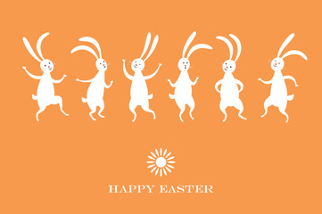 Easter card, funny dancing  bunnies