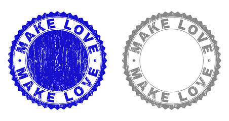 Grunge MAKE LOVE stamp seals isolated on a white background. Rosette seals with grunge texture in blue and grey colors. Vector rubber stamp imprint of MAKE LOVE title inside round rosette.