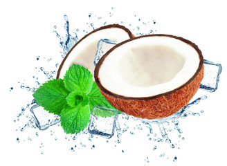 coconut splash water and ice isolated on white
