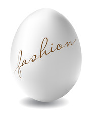Easter egg, with the fashion inscription, on a white background. Fashionable Easter.