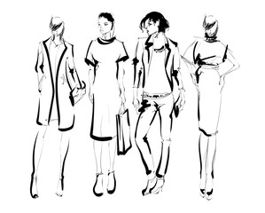 Stylish fashion models. Pretty young girls. Fashion womans Sketch