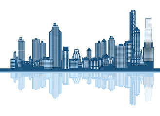 Silhouette of the cartoon city with reflection. City vector symbol.