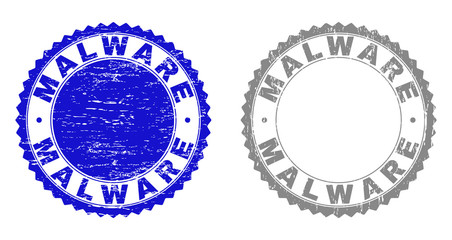Grunge MALWARE stamp seals isolated on a white background. Rosette seals with distress texture in blue and grey colors. Vector rubber stamp imitation of MALWARE label inside round rosette.
