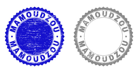 Grunge MAMOUDZOU stamp seals isolated on a white background. Rosette seals with grunge texture in blue and gray colors. Vector rubber stamp imitation of MAMOUDZOU label inside round rosette.