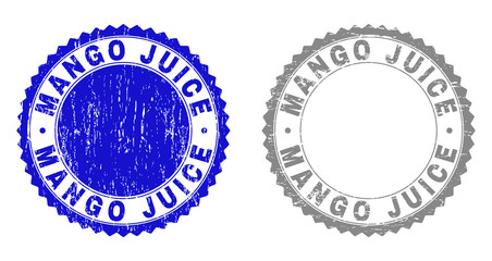 Grunge MANGO JUICE watermarks isolated on a white background. Rosette seals with distress texture in blue and grey colors. Vector rubber stamp imitation of MANGO JUICE label inside round rosette.