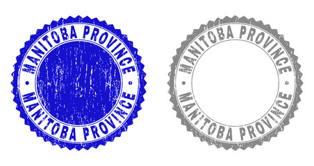 Grunge MANITOBA PROVINCE stamp seals isolated on a white background. Rosette seals with grunge texture in blue and grey colors.