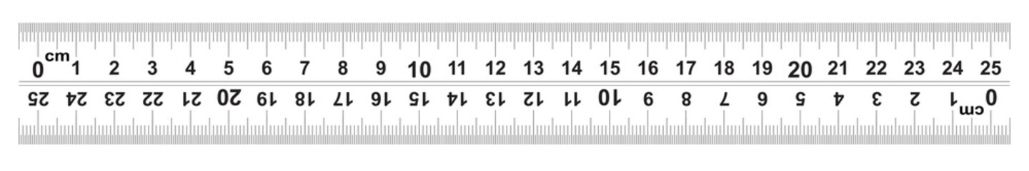 Ruler 25 centimeter. Ruler 250 mm. The direction of marking on the ruler from left to right and right to left. Value of division 0.5 mm. Precise length measurement device. Calibration grid.