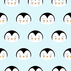 Seamless Pattern of Cute Cartoon Penguin Design on Blue Background