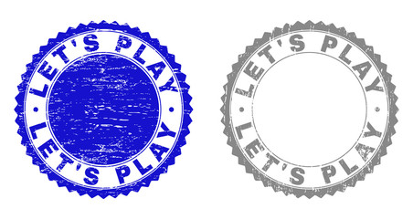 Grunge LET'S PLAY stamp seals isolated on a white background. Rosette seals with grunge texture in blue and gray colors. Vector rubber overlay of LET'S PLAY title inside round rosette.