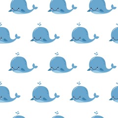 Cute background with cartoon blue whales. Kawaii animal pattern