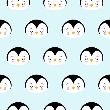 Seamless Pattern of Cute Cartoon Penguin Design on Blue Background