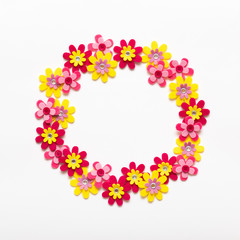 Happy Mother's Day, Women's Day, Valentine's Day or Birthday Background. Colorful flat lay greeting card template with beautiful fake flowers.