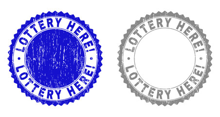 Grunge LOTTERY HERE! stamp seals isolated on a white background. Rosette seals with grunge texture in blue and gray colors. Vector rubber overlay of LOTTERY HERE! caption inside round rosette.