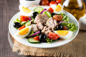 Fresh fish tuna salad made of tomato, ruccola, tuna, eggs, arugula, crackers and spices. Caesar salad in a white bowl on wooden background