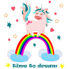 Naklejka premium poster with unicorn on a rainbow - vector, illustration, eps