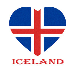 Iceland flag in heart shape. Isolated button of icelandic banner with scratched texture, grunge. Flat style, vector illustration with noise, marble textured background. Horizontal orientation.