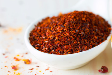 Spices in Wooden spoon. Herbs. Curry, Saffron, turmeric, rosemary, cinnamon, garlic, pepper, anise on wooden rustic background. Collection of spices and herbs. Salt, paprika. Copy space. Top view. Ban