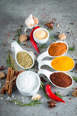 Spices in Wooden spoon. Herbs. Curry, Saffron, turmeric, rosemary, cinnamon, garlic, pepper, anise on wooden rustic background. Collection of spices and herbs. Salt, paprika. Copy space. Top view. Ban