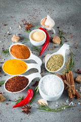 Spices in Wooden spoon. Herbs. Curry, Saffron, turmeric, rosemary, cinnamon, garlic, pepper, anise on wooden rustic background. Collection of spices and herbs. Salt, paprika. Copy space. Top view. Ban