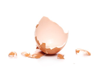 Cracked hen egg shells isolated on white background