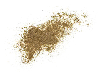 Black pepper spice powder on a white background, top view.
