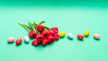 Easter eggs, pastel colors painted and tulips, green background