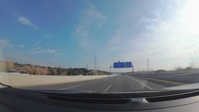 Hyperlapse fast car drive in AP7 Highway across Tarragona province, Spain.