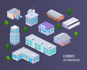Realistic 3D isometric buildings: cafe, shop, business centers, farm warehouse.
