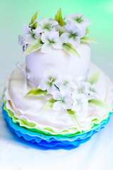 White and blue birthday cake with nice flowers for girl and decorations for party