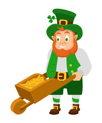 Funny Irish character, leprechaun, moving of cart filled with gold.