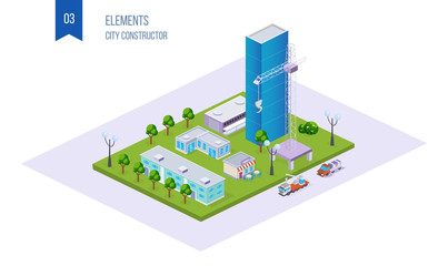 Realistic 3D isometric city, megalopolis, with tall buildings, skyscrapers, infrastructure.